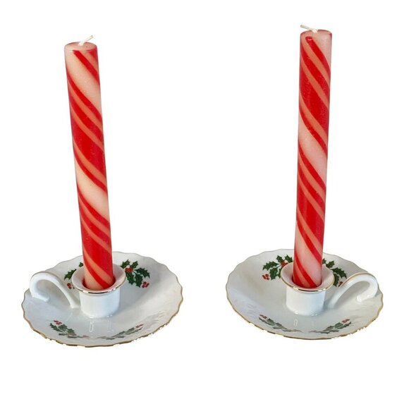 Vtg Candlestick Holders Porcelain Taper Holly Berries Leaves Made in Japan - Picture 2 of 6